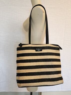Fiorelli  Zip Tote Black/Natural Hemp Stripe W/ Leatherette Straps & Bottom A431